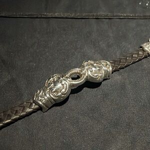 Silver & Black Leather Bracelet-Unbranded